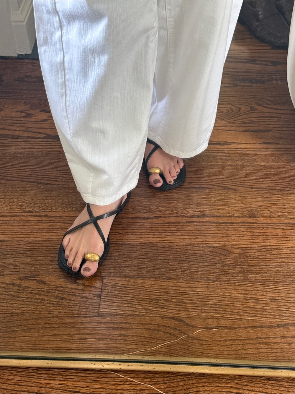 Zara Sold Out Black Leather Strappy Sandals w/ Gold Toe Accent | Minimalist Chic